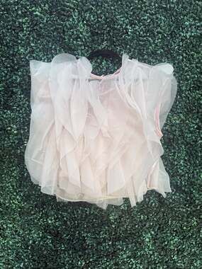 MODENAIRE Women Pink Sheer Tulle Ruffle Tie Neck Sleeveless Blouse Size M